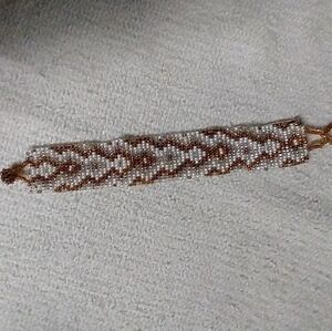 Gold white wide beaded flat tribal ethnic bracelet